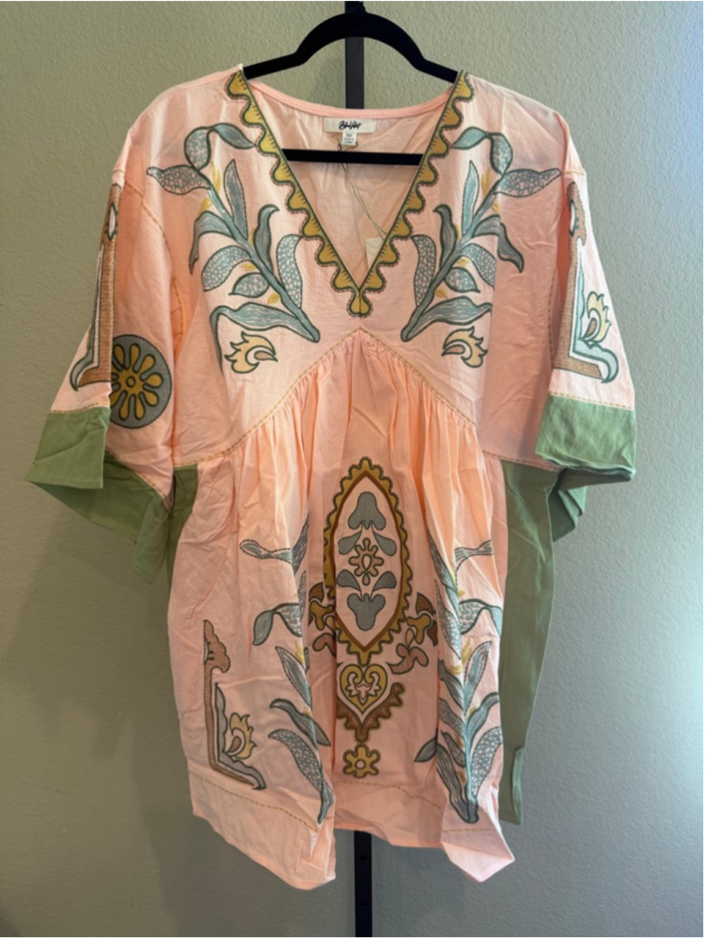 Blue Velvet Cotton/Linen Blend Embroidered Mini Dress in Salmon/Sage Size S/M - Picture 2 of 8